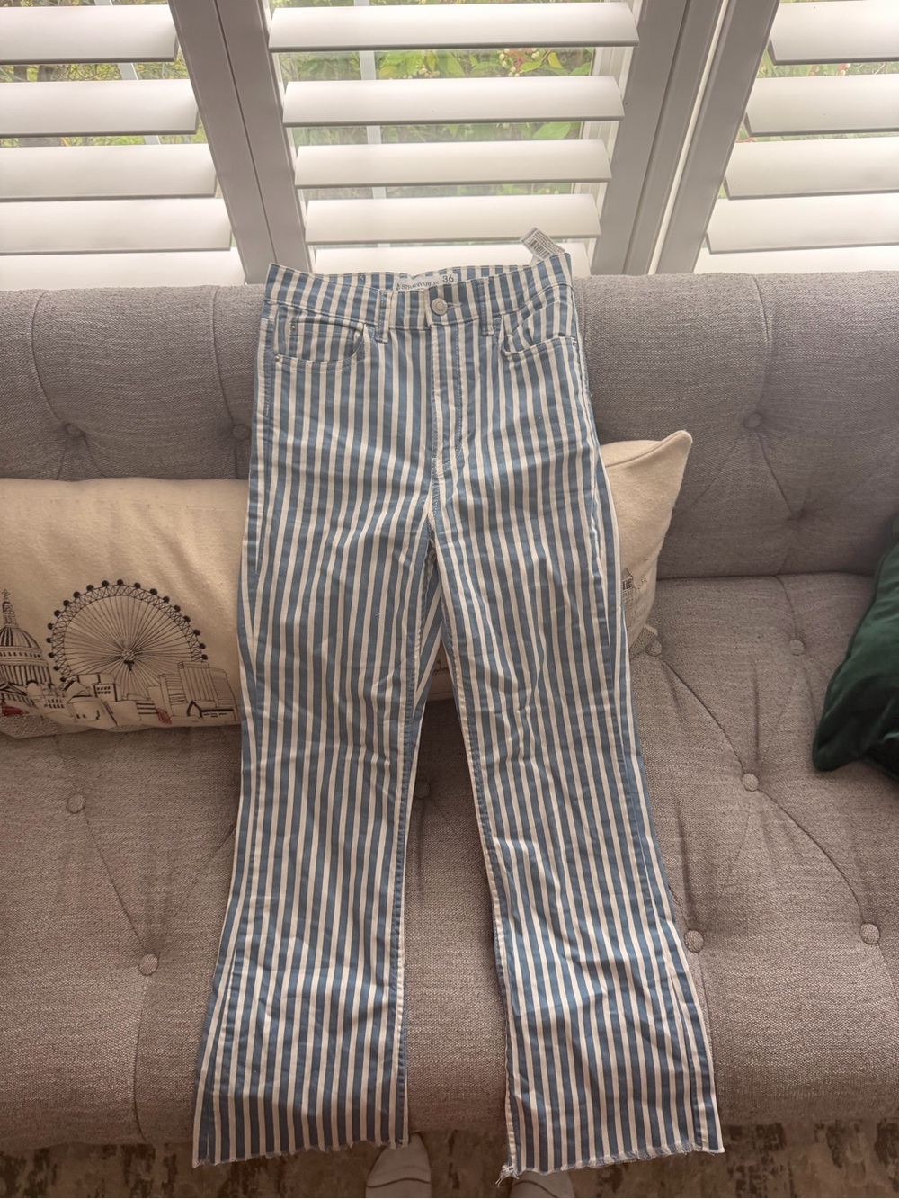 stradivarius Blue and White Vertical Stripe Flare Jeans